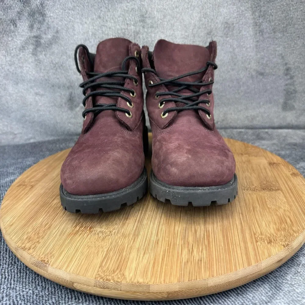 Timberland Boots Boys Size 2 Burgundy 6-Inch Nubuck Lace Up Lug Sole Youth A5Y3W